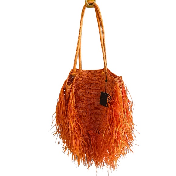America & Beyond Handbags - America & Beyond NWT Coachella Raffia Fringe Tote Orange